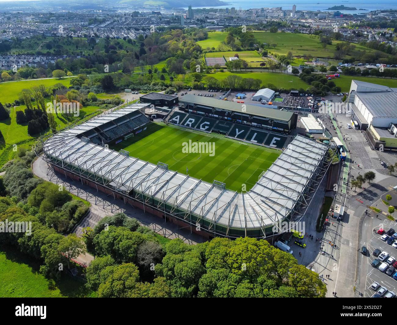 General aerial view of Home Park stadium home of English Football League championship team Plymouth Argyle football club at Plymouth in Devon, UK. Stock Photo