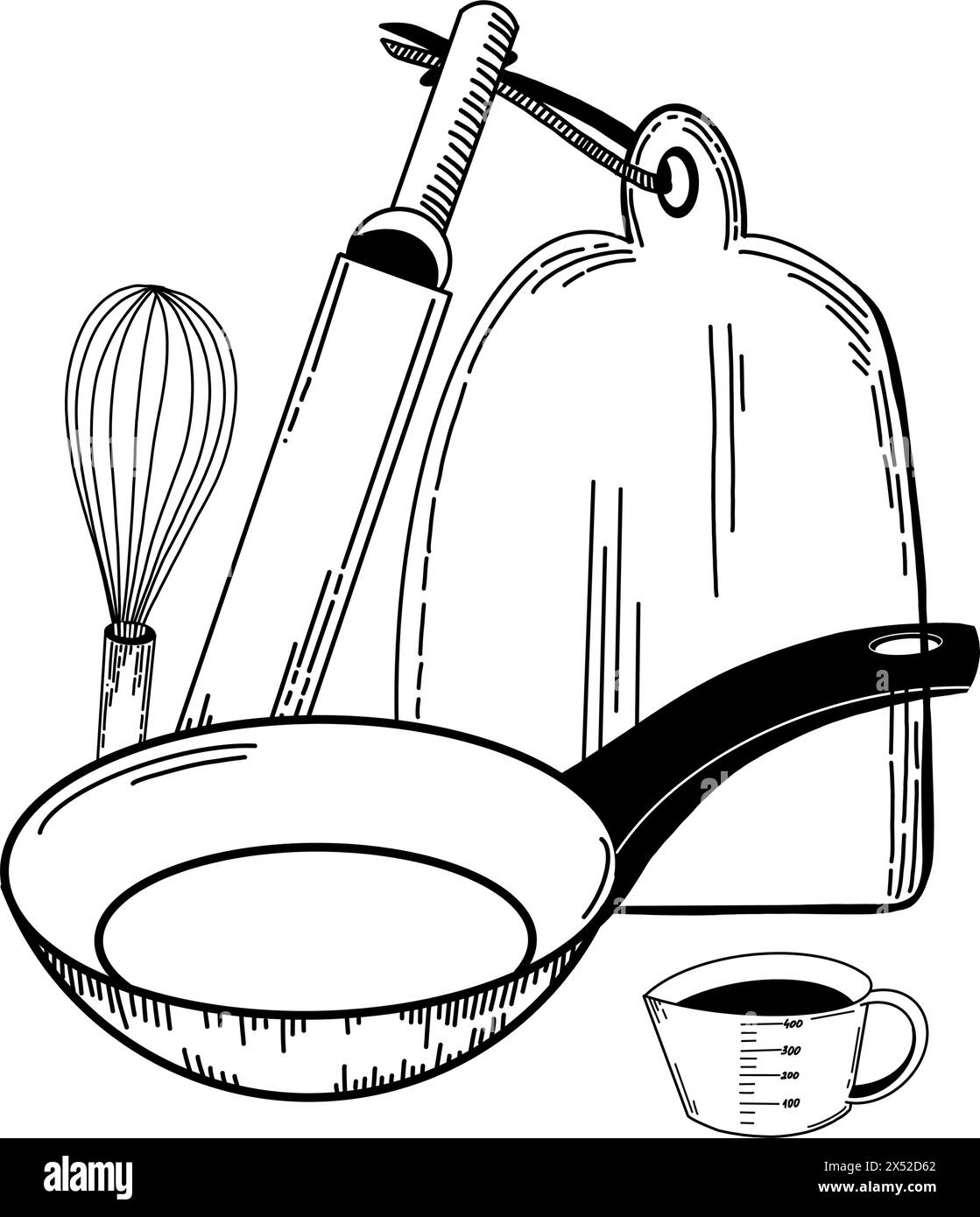 Kitchen composition. Wooden cutting board, cooking measuring cup, whisk