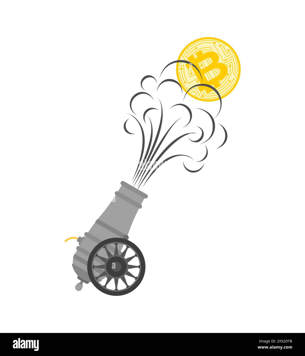 Bitcoin growth. Ancient cannon shoots bitcoin. Cannon with gun carriage shot cryptocurrency. Carriage gun icon Stock Vector