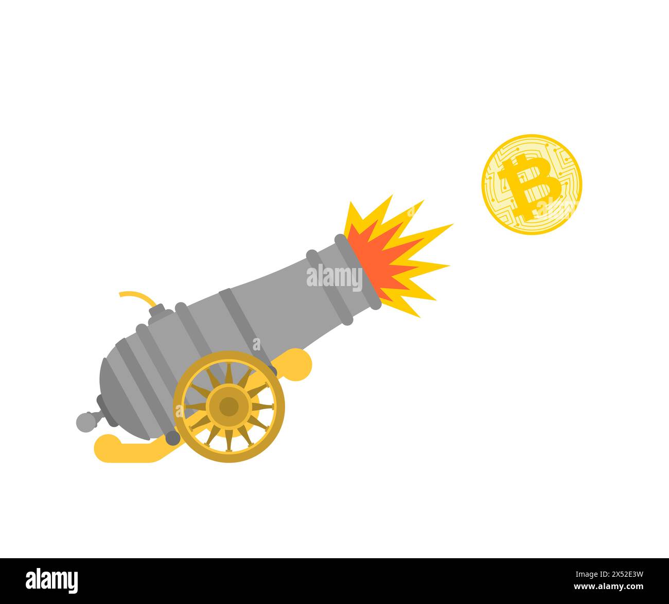 Bitcoin growth. Ancient cannon shoots bitcoin. Cannon with gun carriage shot cryptocurrency. Carriage gun icon Stock Vector