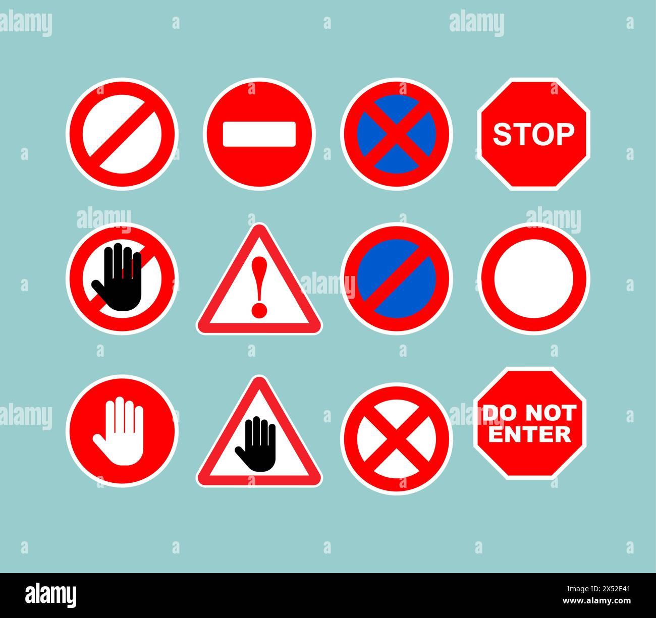 Set of road prohibition signs. Red sign of danger and attention. Passage is closed Stock Vector