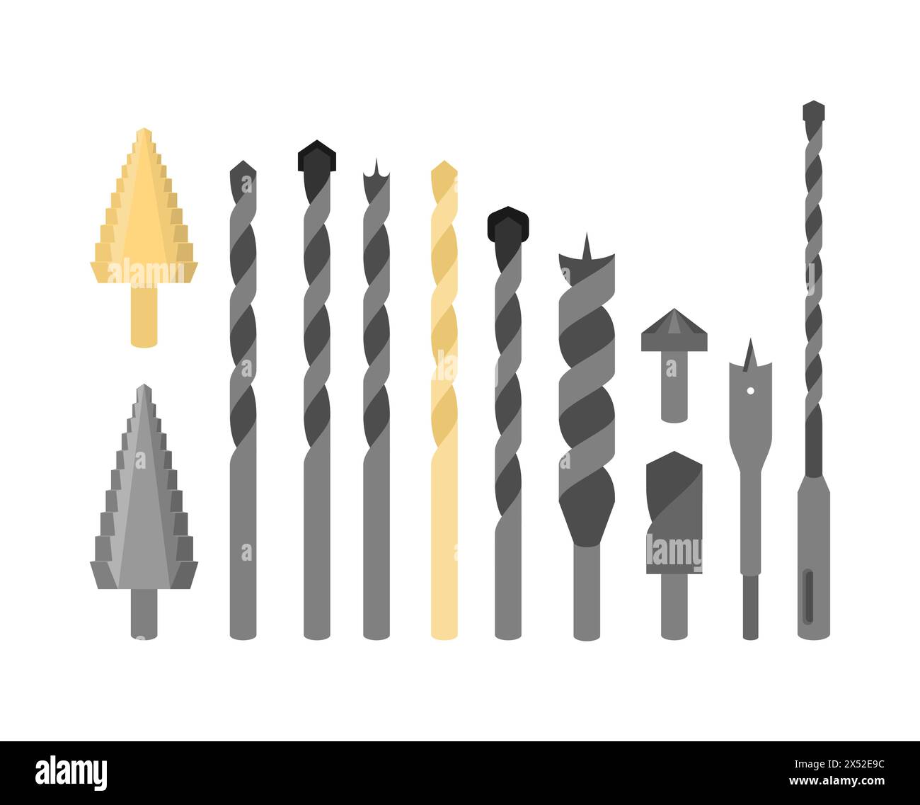 Drills Set. Drills for wood and metal. Drill for tiles and concrete. Drill for rotary hammer Stock Vector