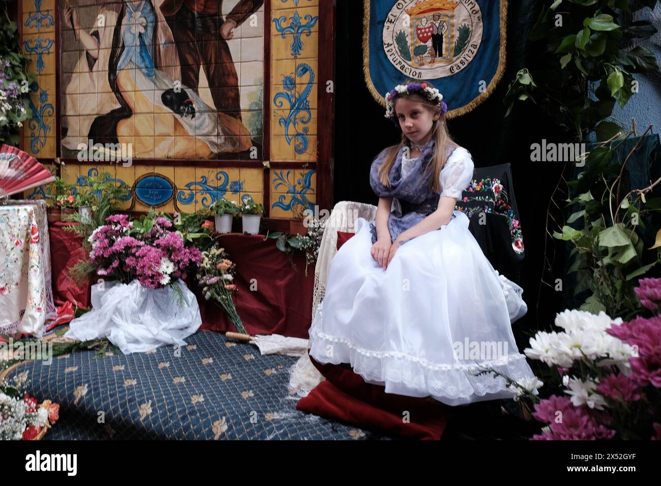Celebration of 'La Maya' refers to girls sitting on an altar adorned with flowers to mark the arrival of spring, this tradition dates back to medieval Stock Photo