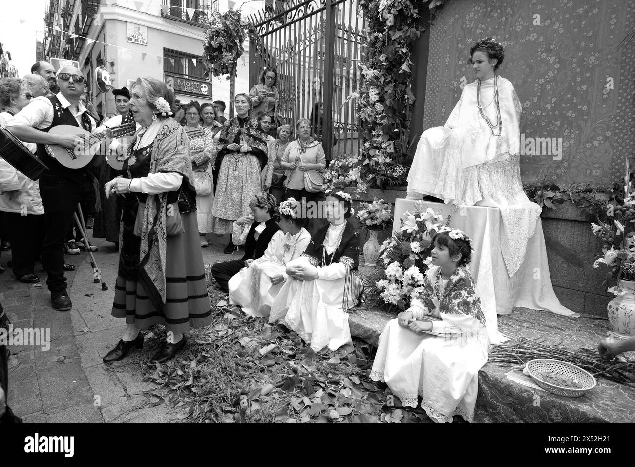 Celebration of 'La Maya' refers to girls sitting on an altar adorned with flowers to mark the arrival of spring, this tradition dates back to medieval Stock Photo