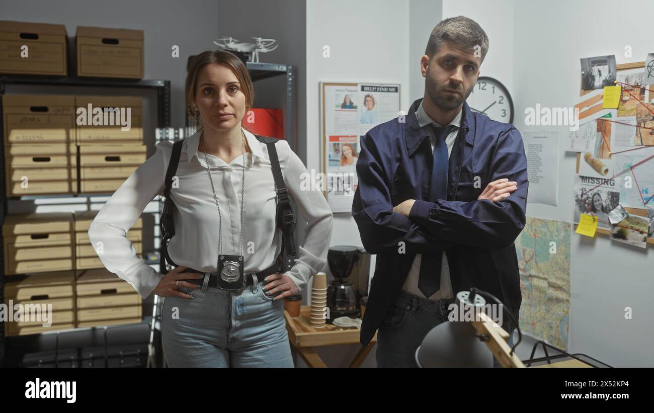 A woman and man, portraying detectives, stand confidently in a cluttered office, with arms crossed amidst investigation clues. Stock Photo