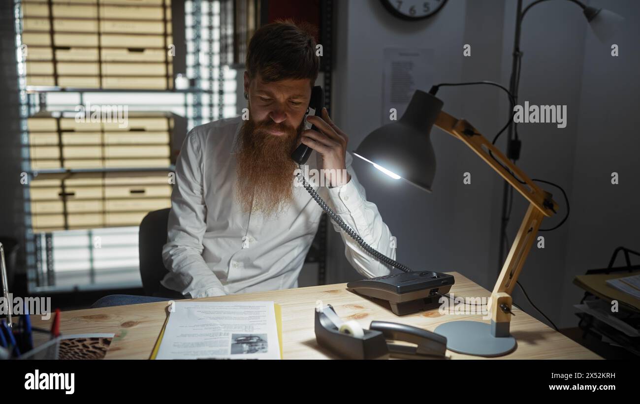 A serious bearded man talks on the phone in a dark indoor office with documents and a lamp. Stock Photo