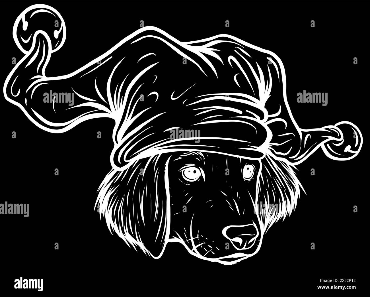 white silhouette of Labrador Retriever Puppy with joker hat on black background Stock Vector