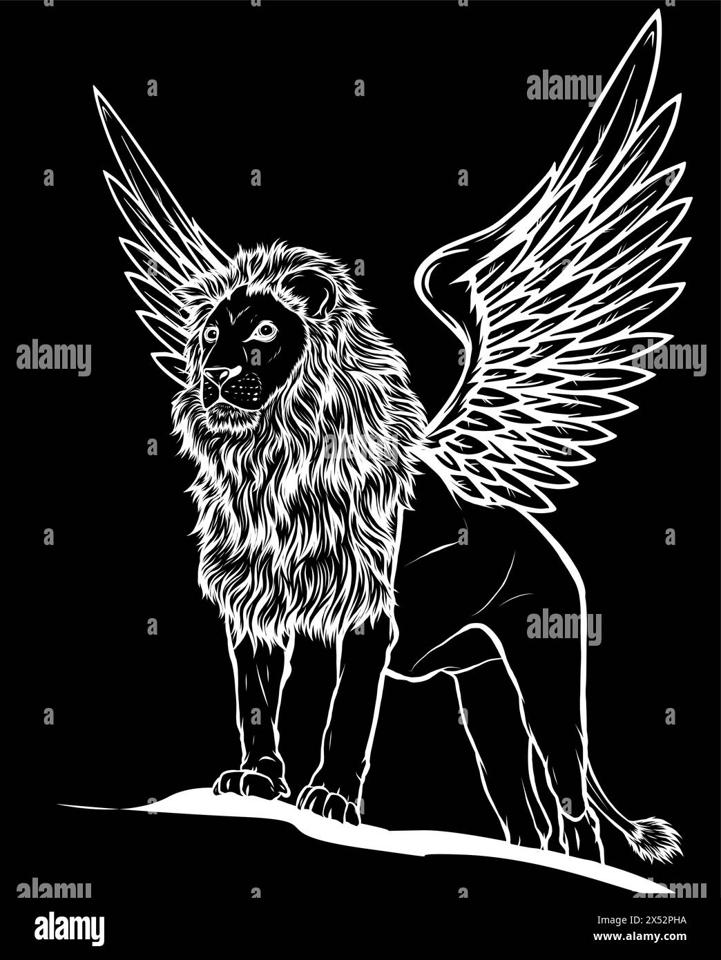 white silhouette of Winged Lion on black background vector design Stock Vector