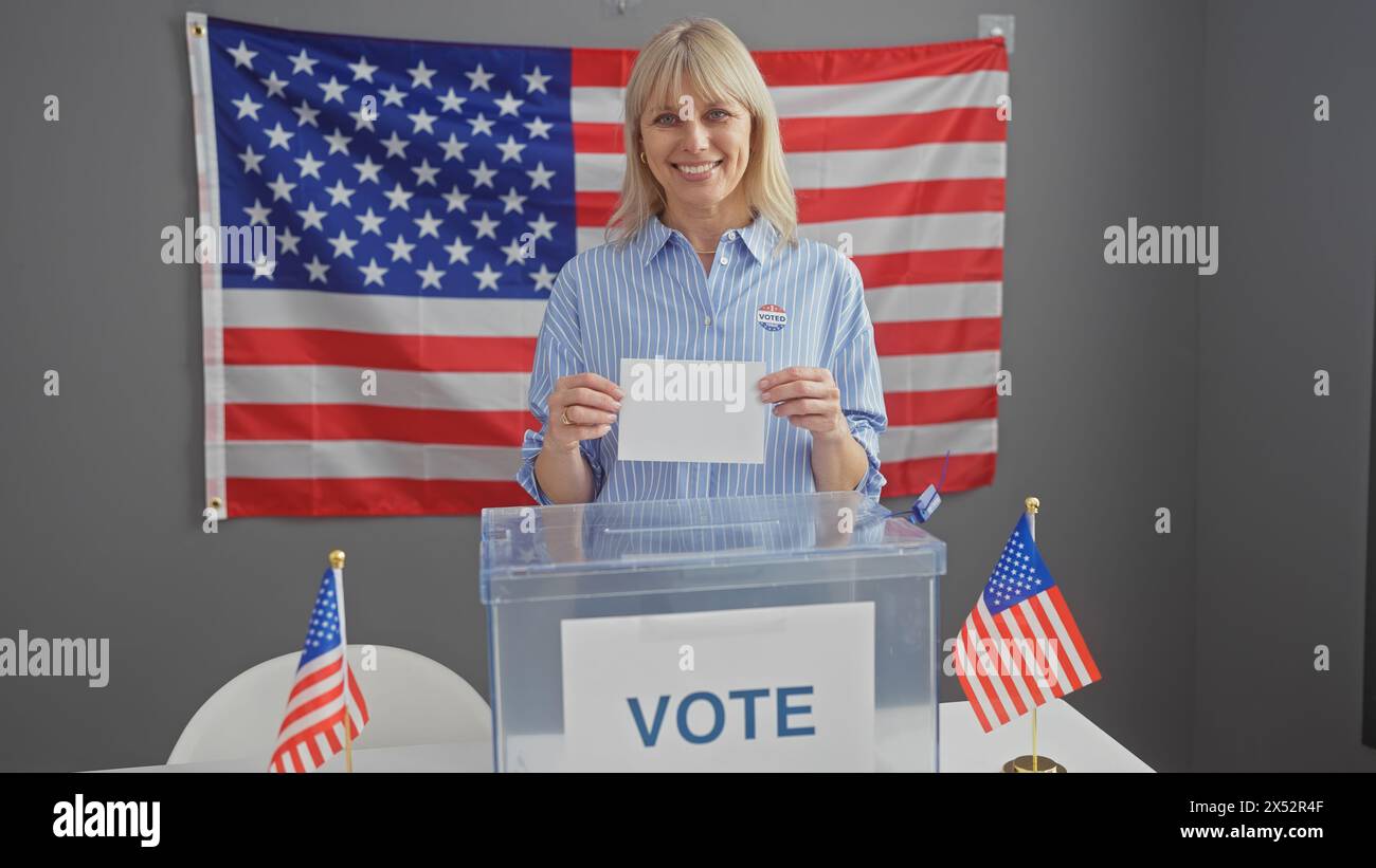 American woman voting in an election with usa flags in background Stock ...