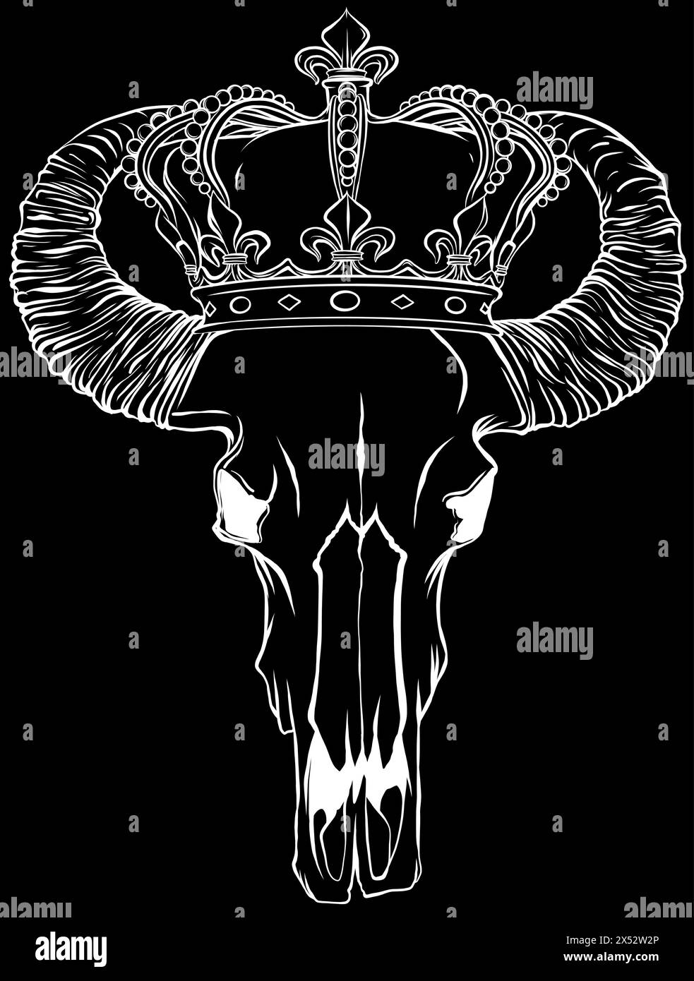 white silhouette of bull skull wearing a crown with diamonds on black background Stock Vector