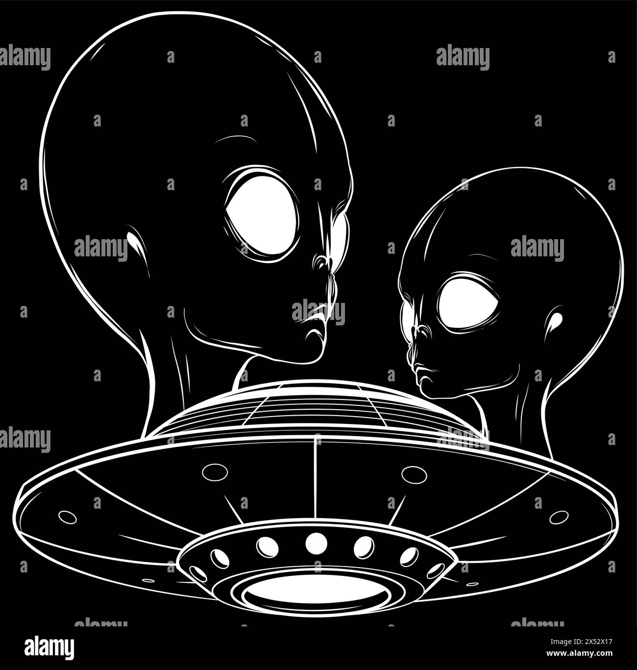 white silhouette of head Alien UFO Cartoon on black background Vector