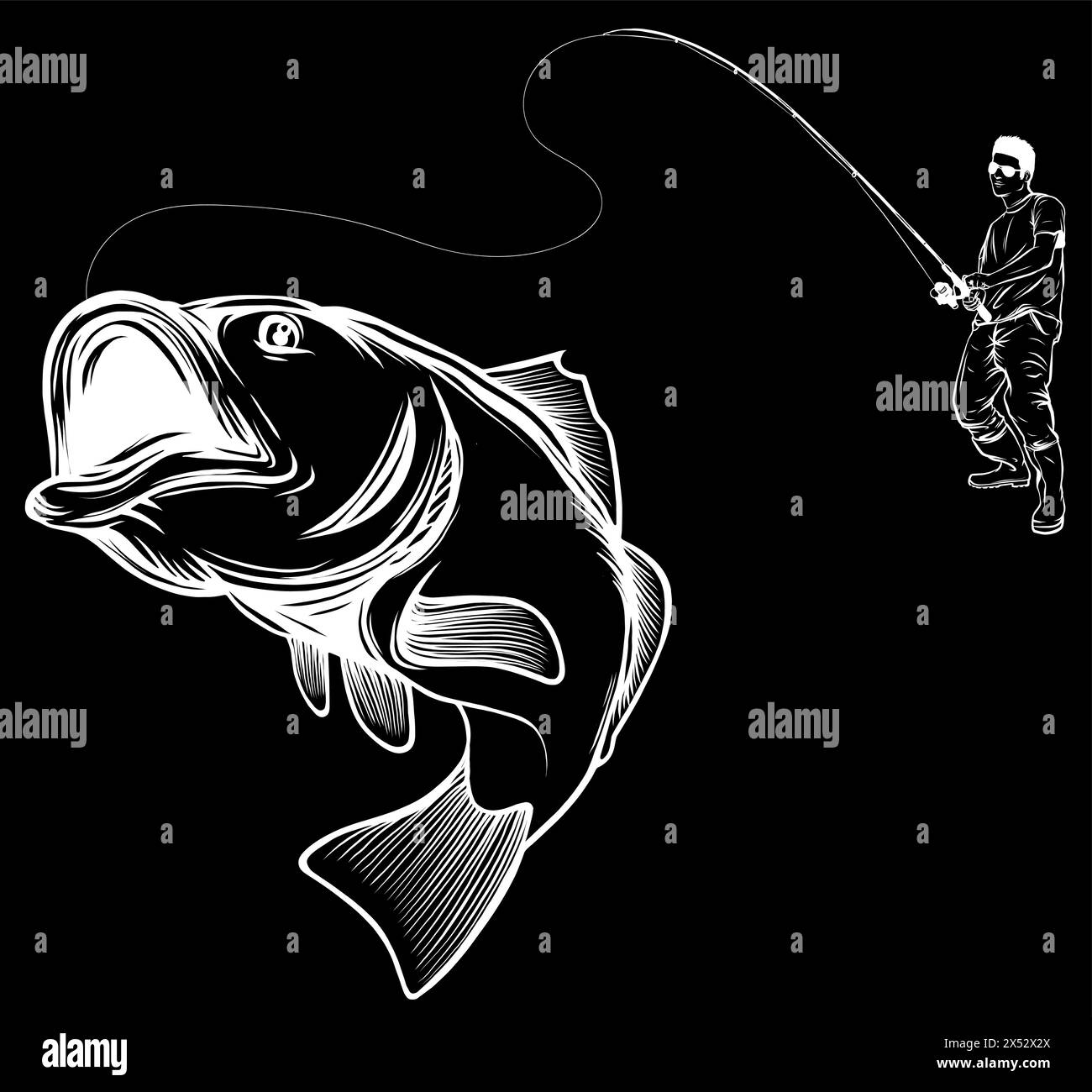 white silhouette of Fishing design for vector. A fisherman catches Stock Vector