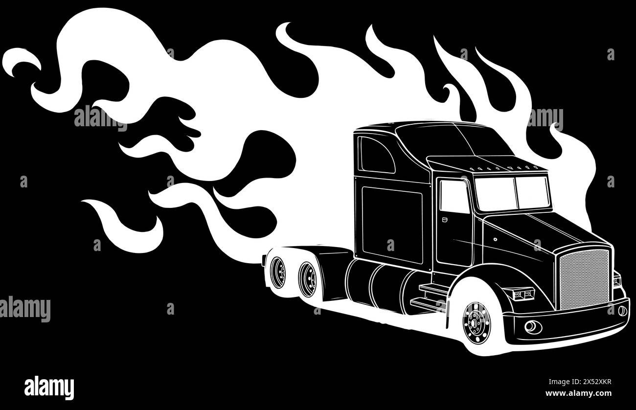 white silhouette of black Truck with flames on black background. Vector illustration design Stock Vector