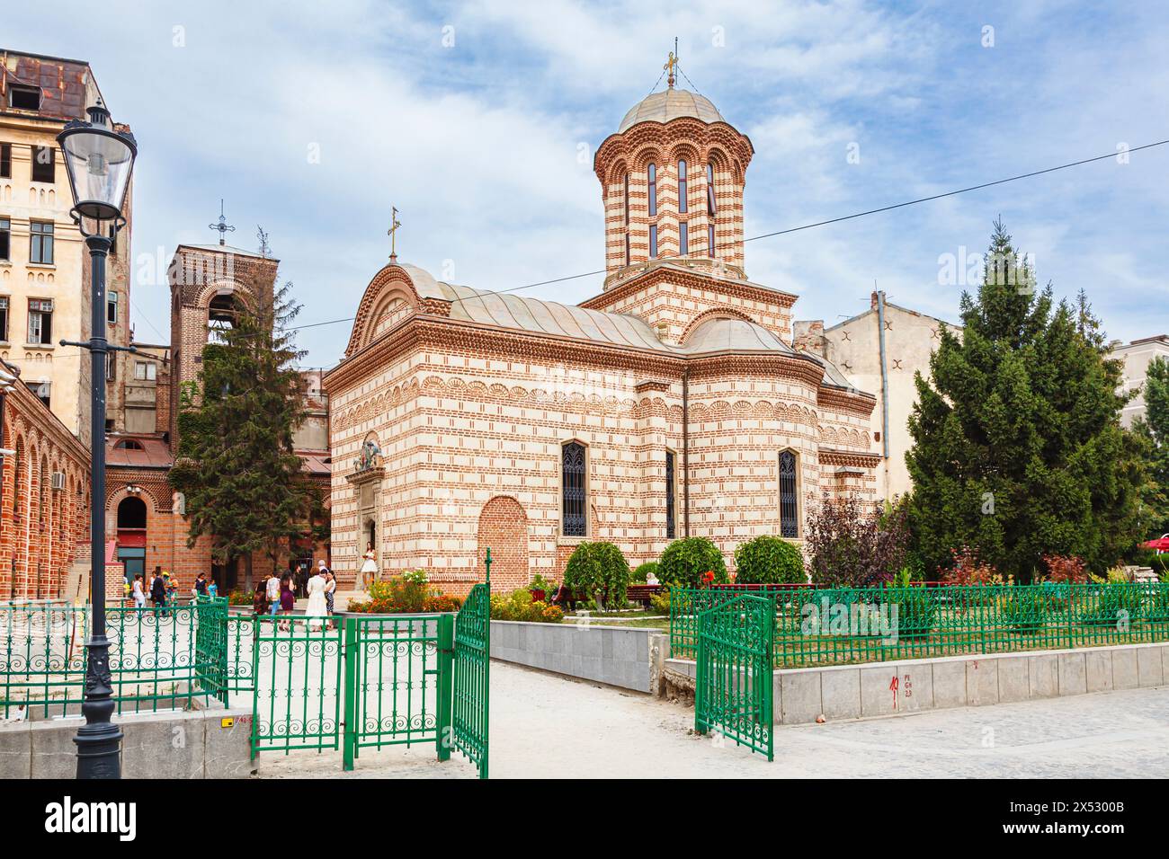 The Wallachian plastered exterior of Romanian Orthodox Curtea Veche Church, oldest in Bucharest, capital city of Romania, central Europe Stock Photo