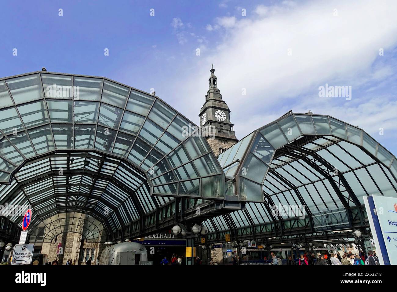 Central Station, Hamburg, Hanseatic City of Hamburg, Modern glass roof of a railway station with a historic tower in the background, Central Station Stock Photo