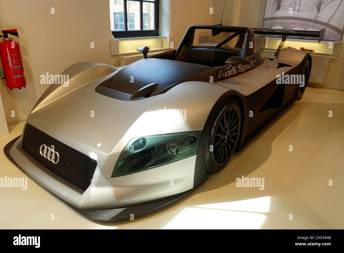 AUDI R8R LMP Prototype, A silver Audi sports car presented in a showroom, AUTOMUSEUM PROTOTYP, Hamburg, Hanseatic City of Hamburg, Germany Europe Stock Photo