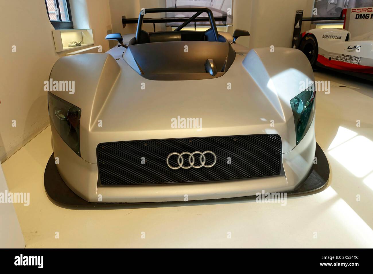 AUDI R8R LMP prototype, front view of a silver Audi sports car in an exhibition, AUTOMUSEUM PROTOTYP, Hamburg, Hanseatic City of Hamburg, Germany Stock Photo