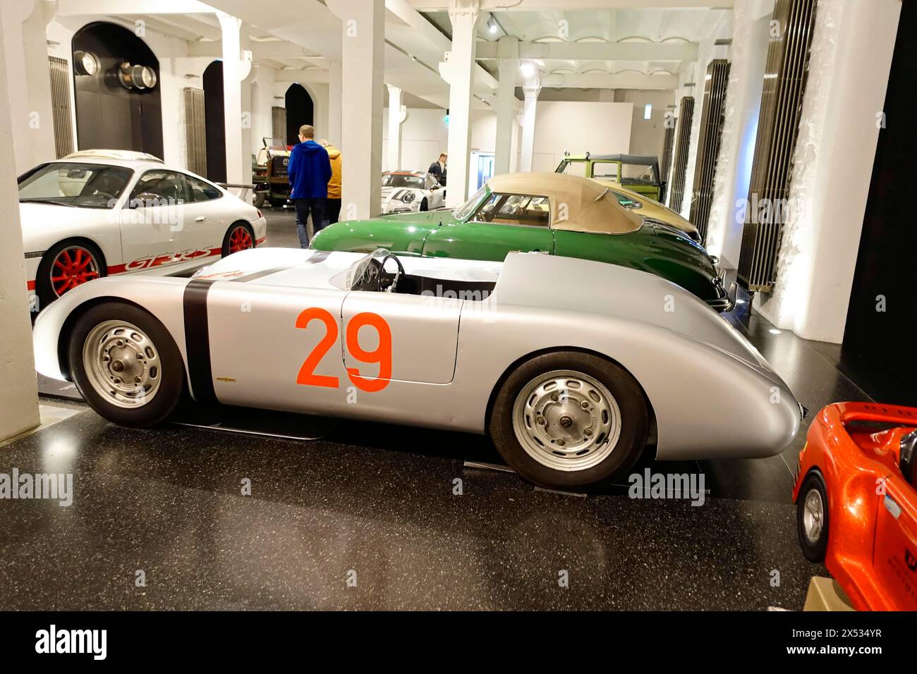 Retro racing car in white and green with the number 29 in a showroom, AUTOMUSEUM PROTOTYP, Hamburg, Hanseatic City of Hamburg, Germany Europe Stock Photo