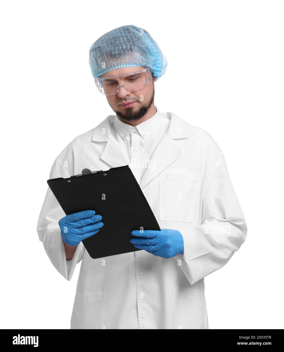 Quality control. Food inspector with clipboard on white background Stock Photo
