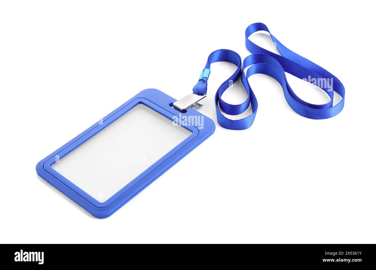 Blank blue badge with string isolated on white Stock Photo - Alamy