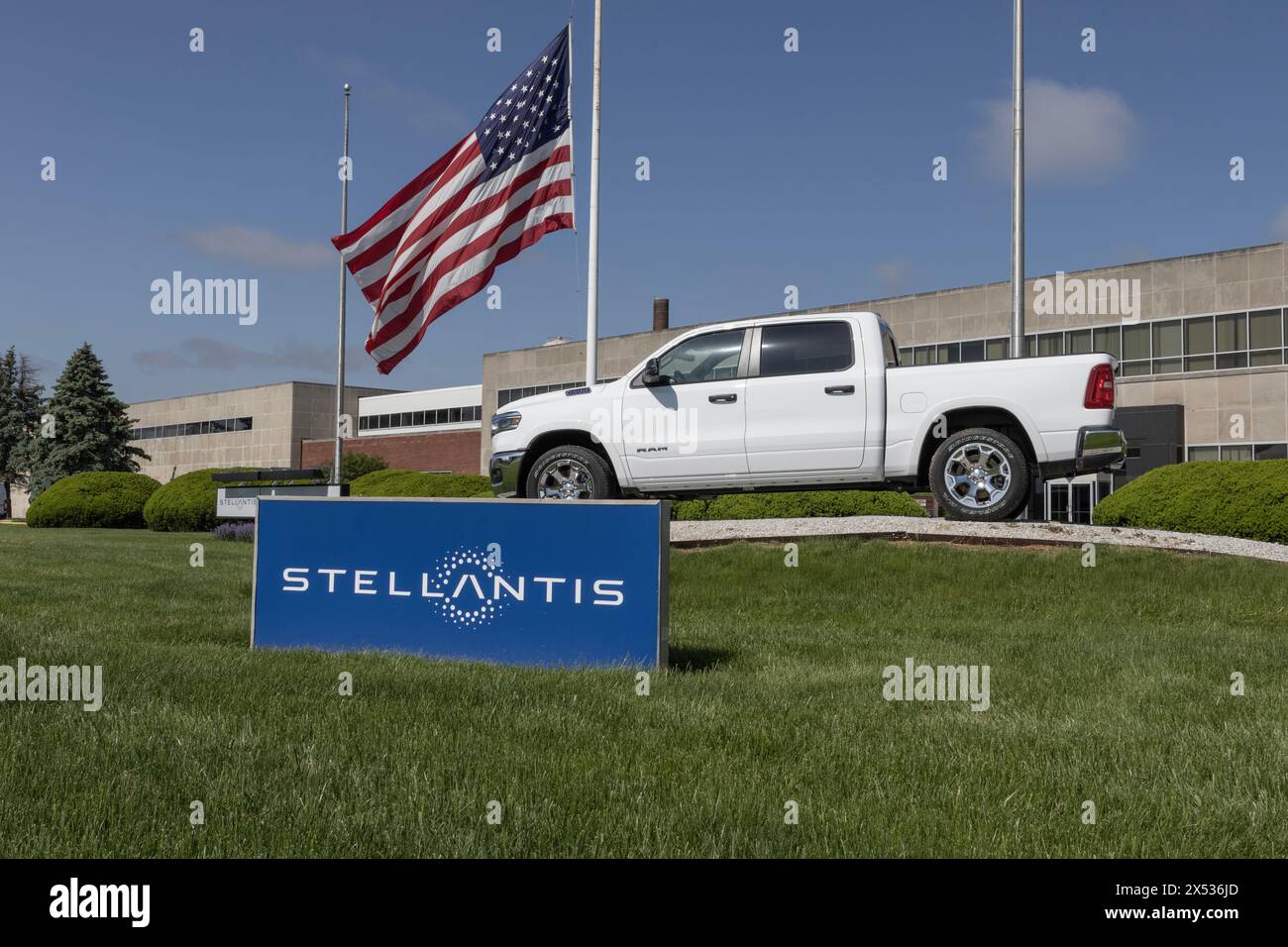 Kokomo - May 5, 2024: Ram 1500 SST display at the Stellantis Transmission plant. Ram offers the 1500 with a Straight Six Turbo engine. MY:2025 Stock Photo