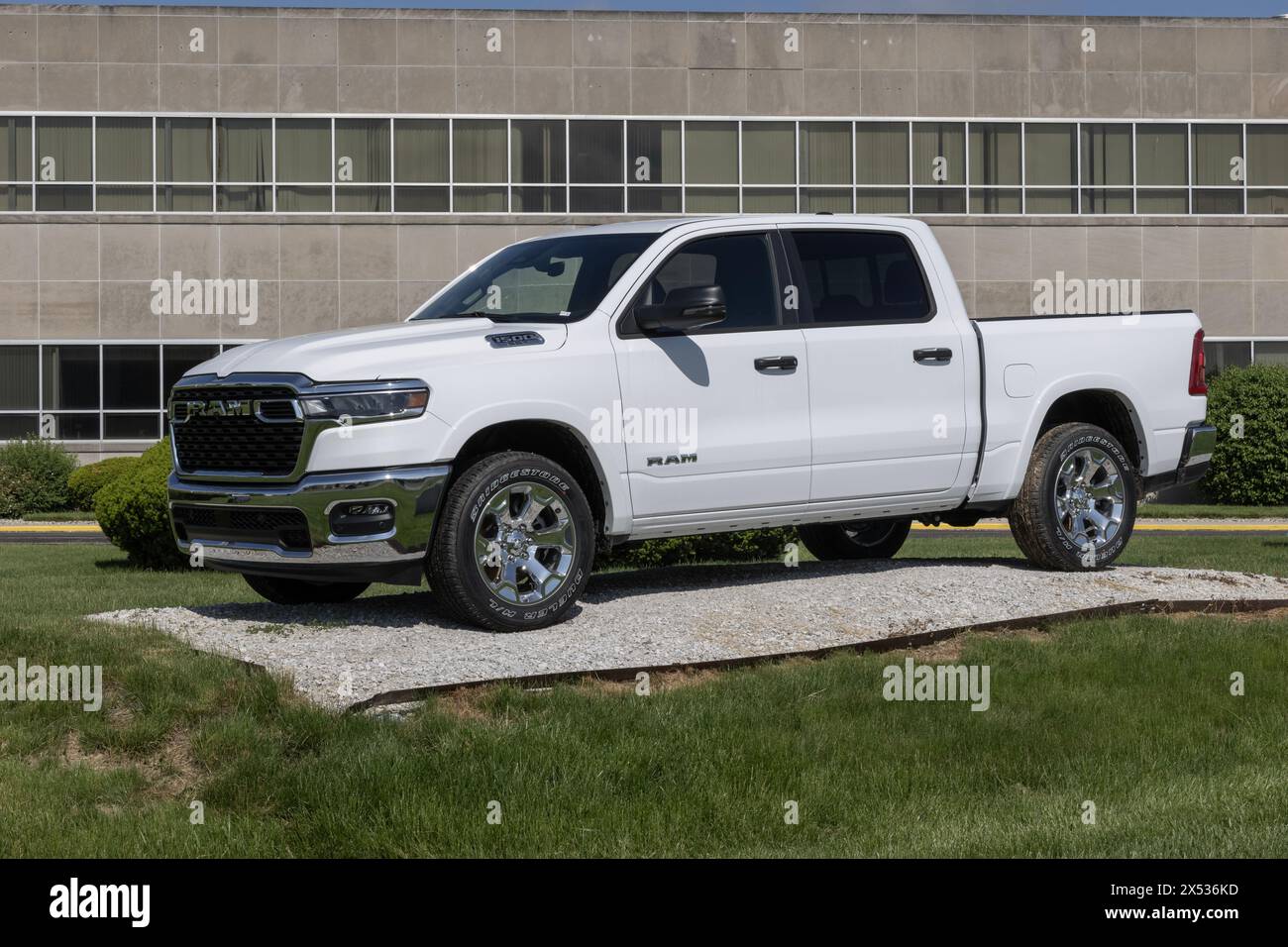 Kokomo - May 5, 2024: Ram 1500 SST display at the Stellantis Transmission plant. Ram offers the 1500 with a Straight Six Turbo engine. MY:2025 Stock Photo