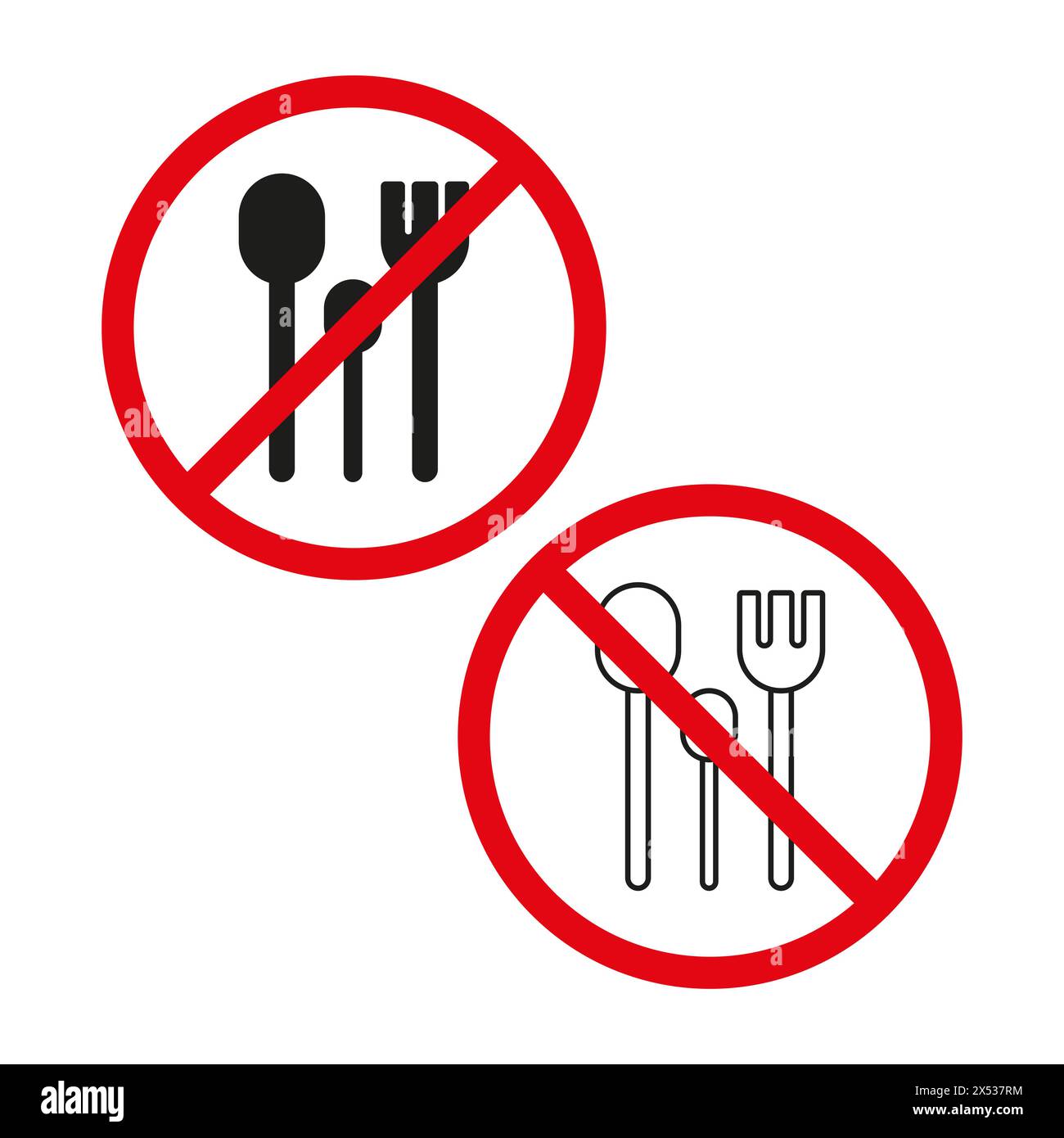 No eating allowed sign. No cutlery symbol. Prohibited fork and spoon. Vector illustration. EPS 10. Stock Vector