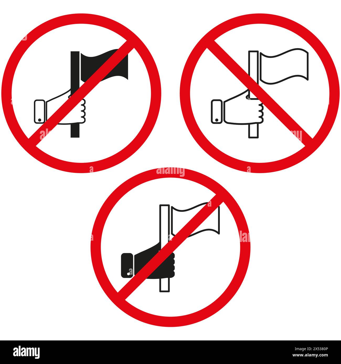 Vector symbols of no flag holding. Prohibition signs for flags in hand
