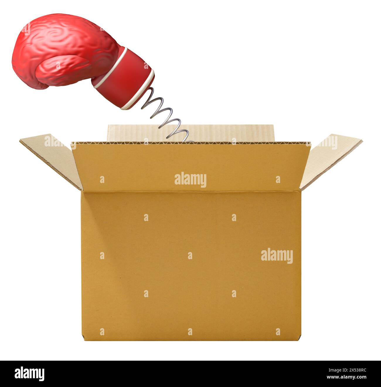 Think outside the box, illustrated by boxing glove with brain-like texture springs out of box on white background Stock Photo