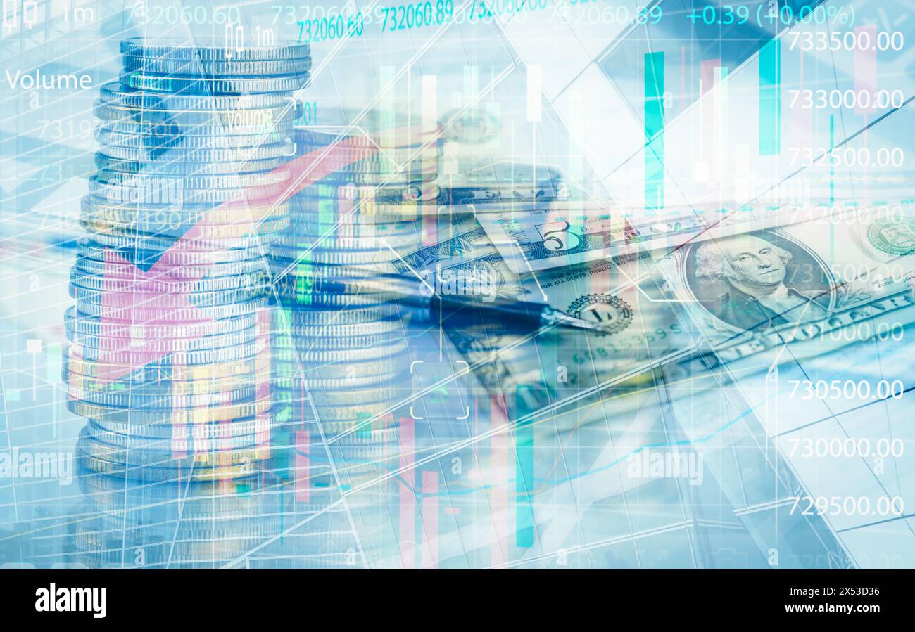 Business finance and the economy revolve around markets, exchanges, graphs, financial currencies, and economic concepts, driving investment growth Stock Photo