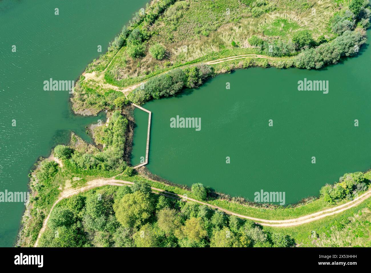 aerial top view of river small dam in day sunlight. water rain ...