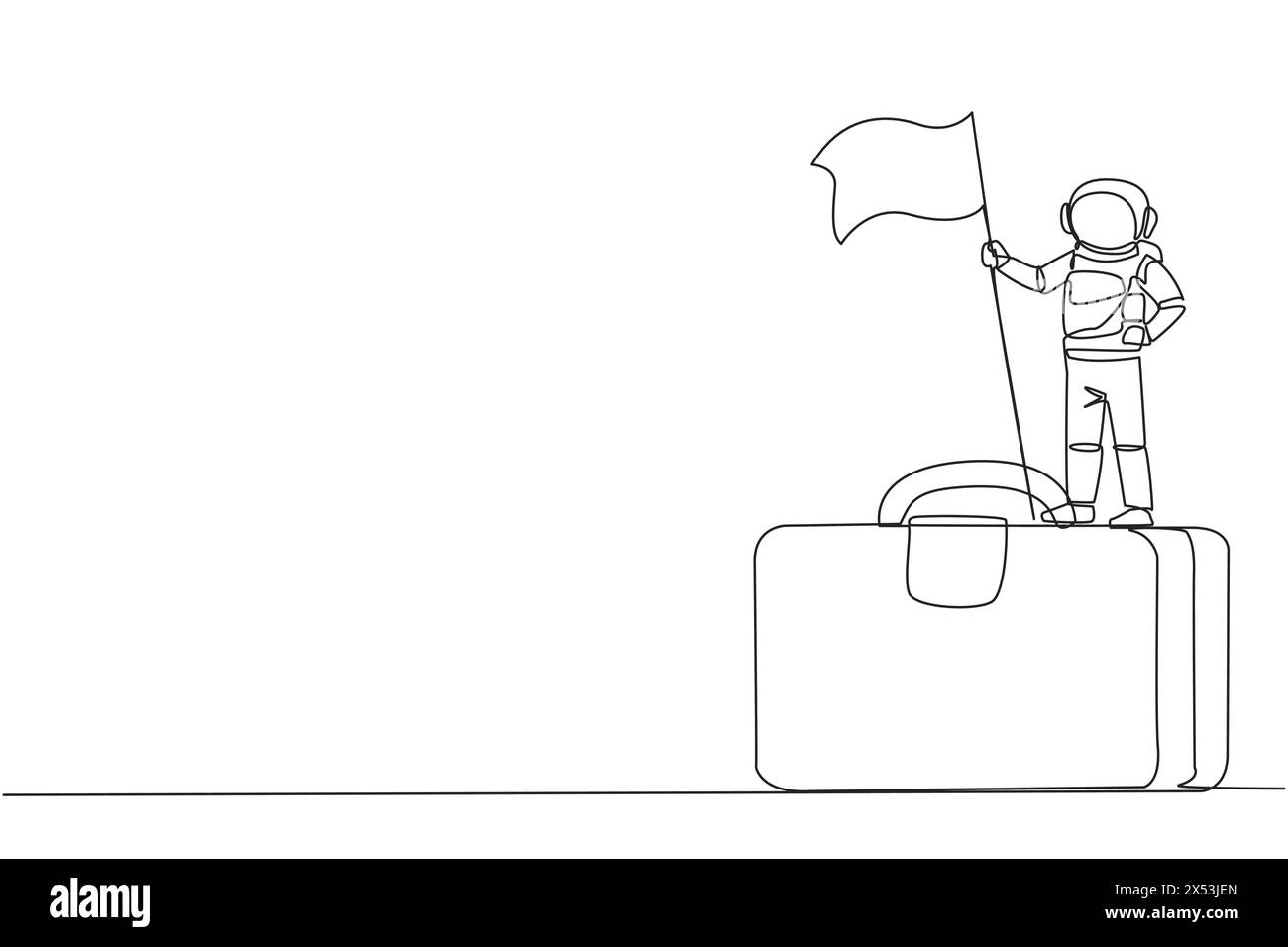 Single one line drawing young energetic astronaut standing on giant ...