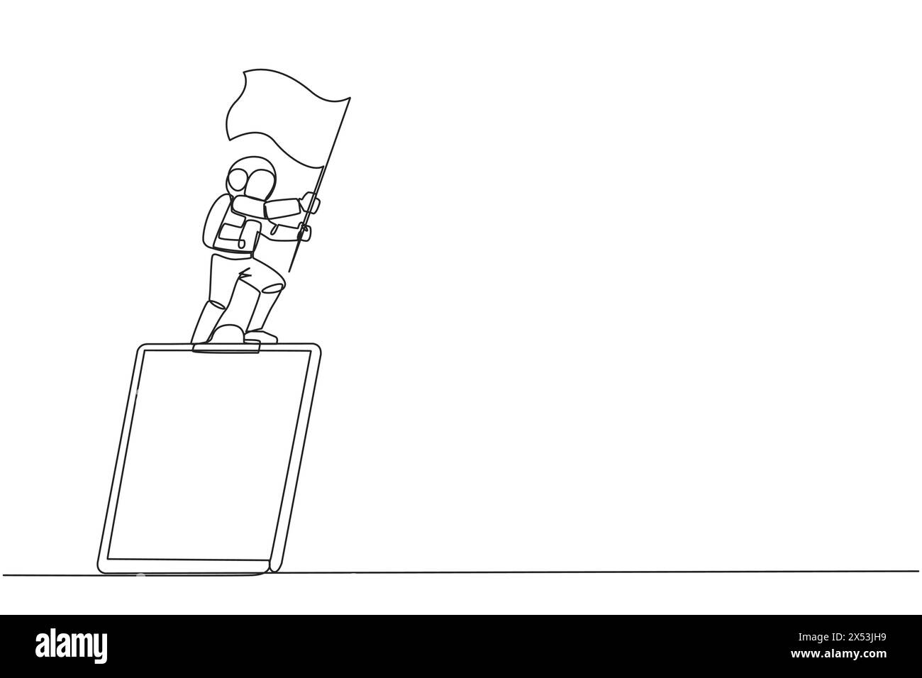 Single one line drawing young energetic astronaut standing on giant ...