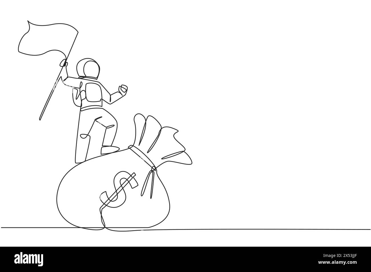 Single continuous line drawing young energetic astronaut standing on ...