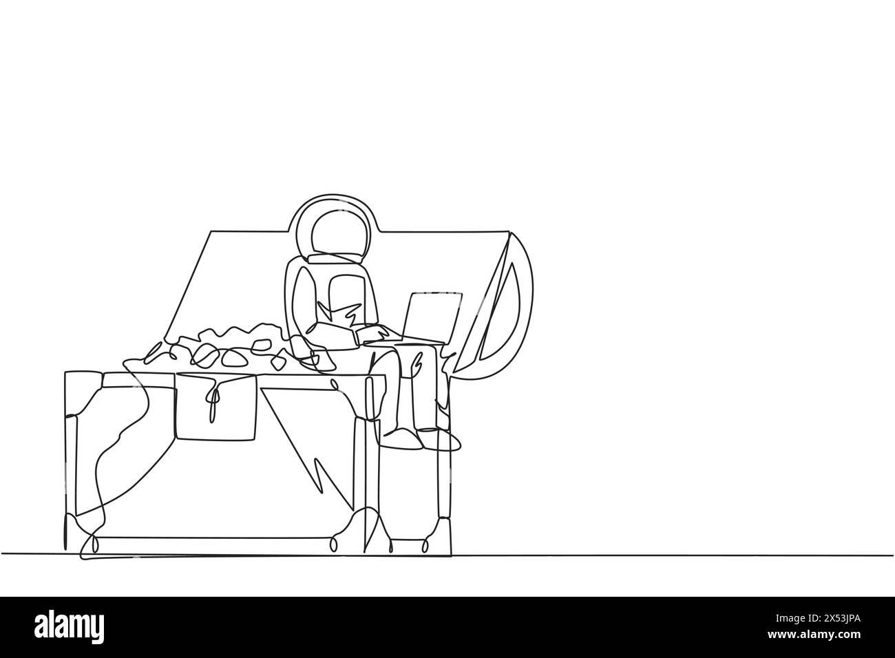 Single continuous line drawing young energetic astronaut sitting on ...