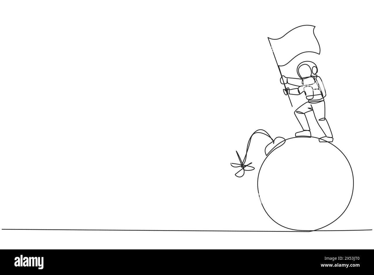 Single continuous line drawing young astronaut standing on large bomb ...