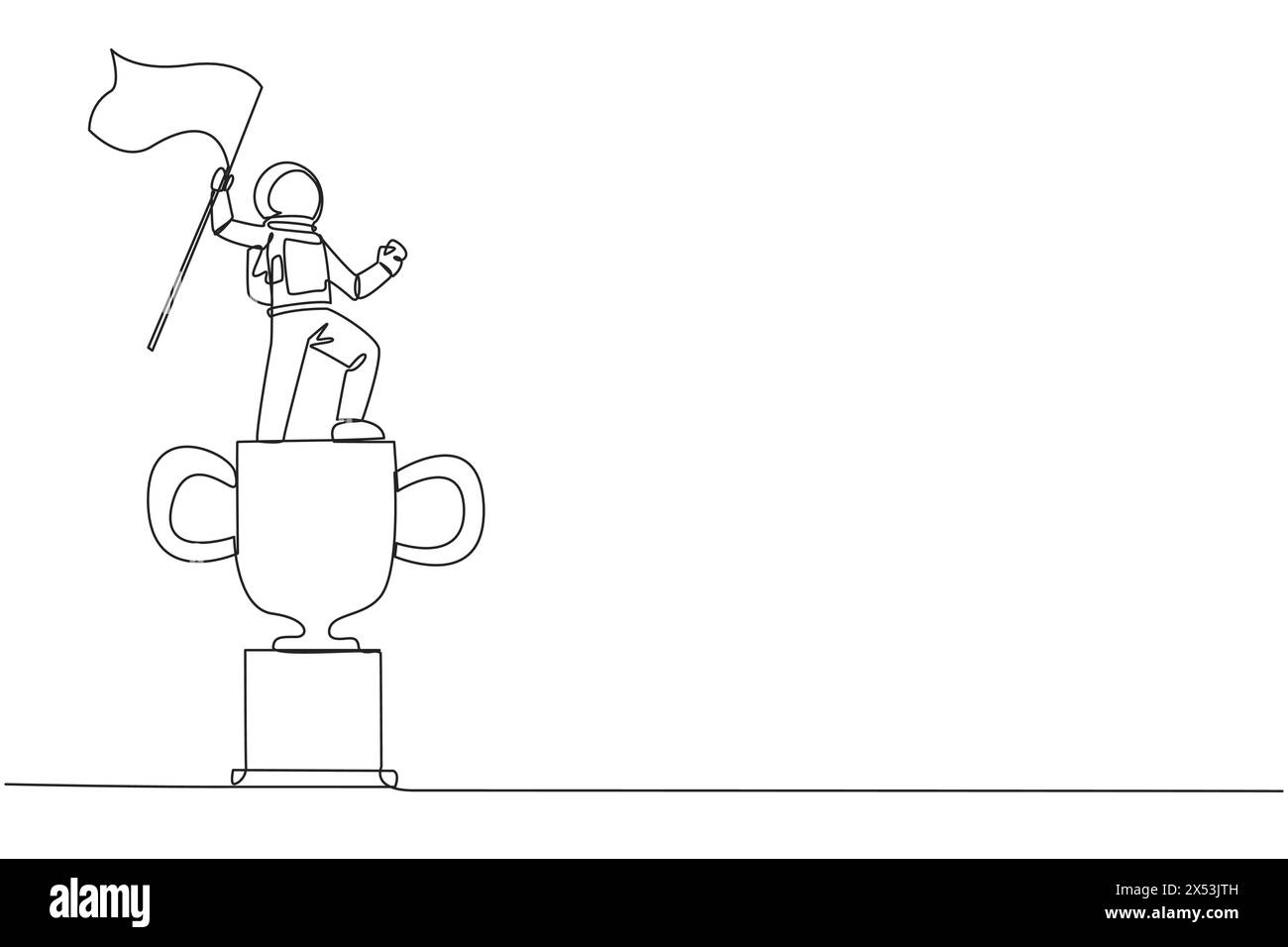 Continuous one line drawing energetic astronaut standing on giant ...