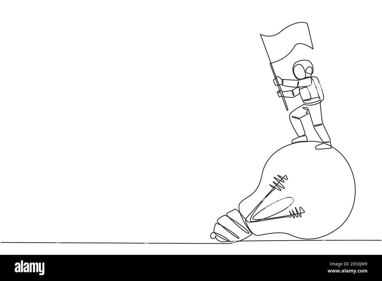 Single continuous line drawing young astronaut standing on giant