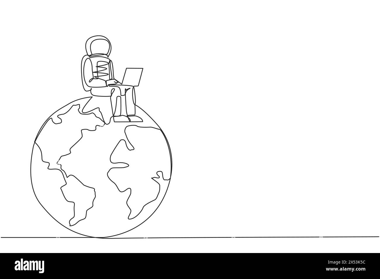 Single one line drawing young energetic astronaut sitting on giant ...