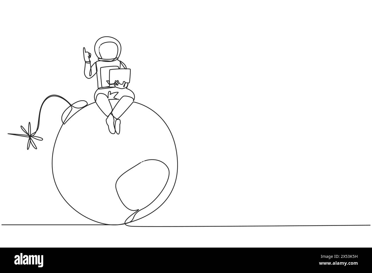 Single continuous line drawing young astronaut sitting on large bomb ...