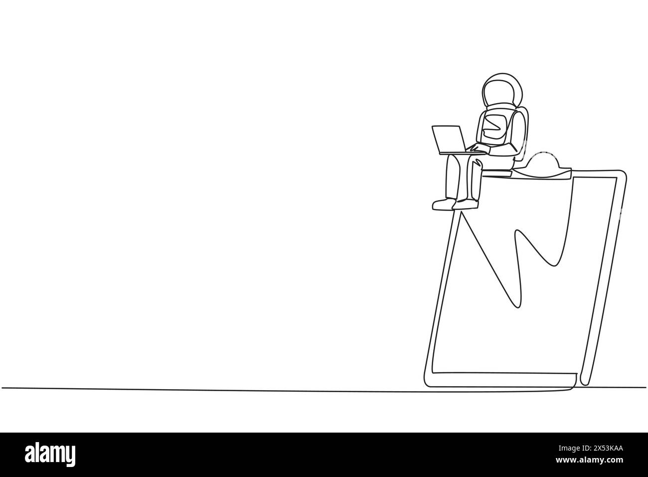 Single one line drawing young energetic astronaut sitting on giant ...