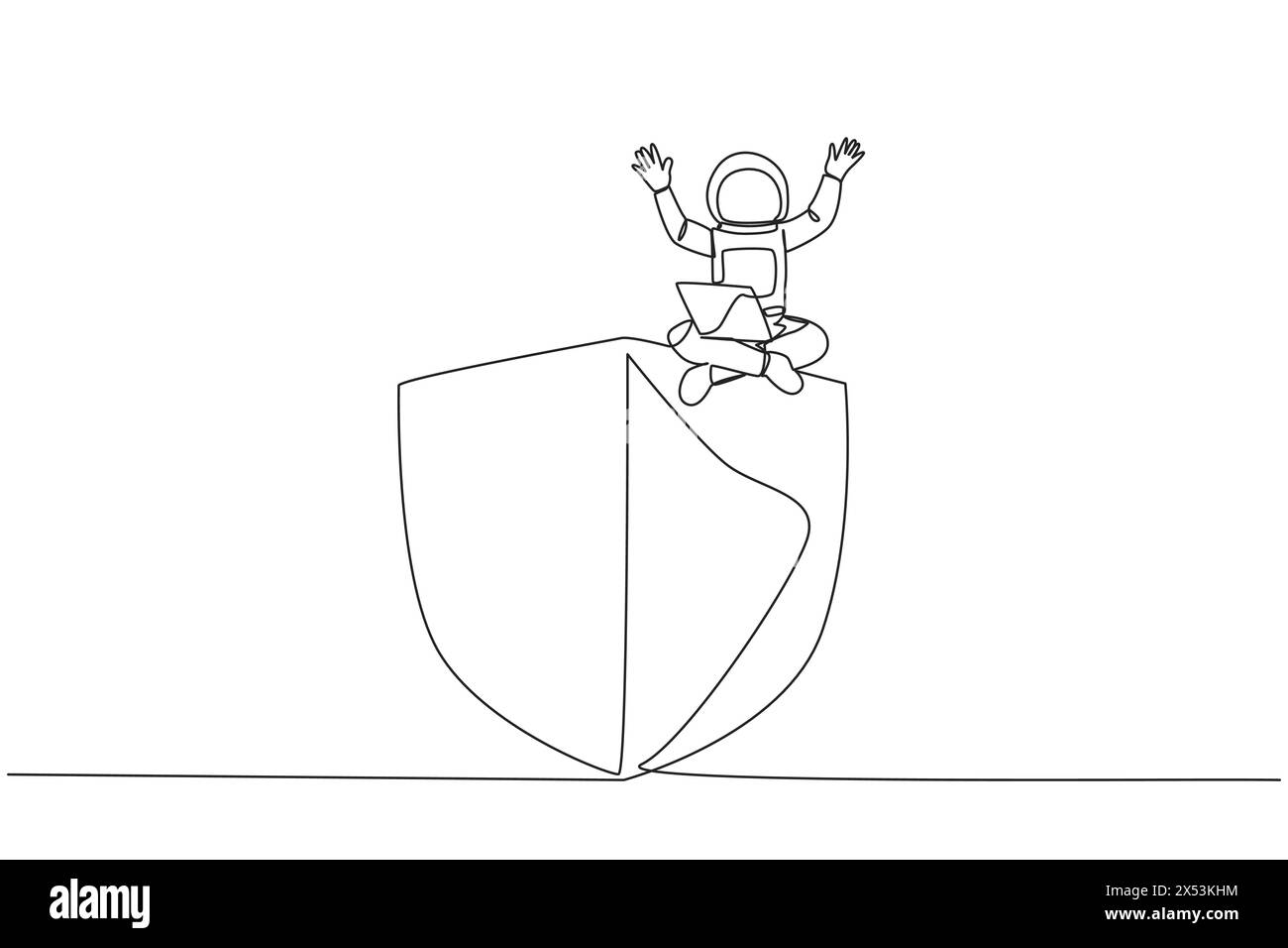 Continuous one line drawing young energetic astronaut sitting on giant ...