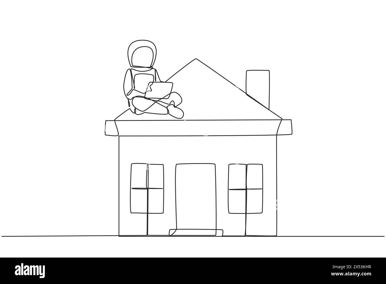 Continuous one line drawing young astronaut sitting on miniature house ...