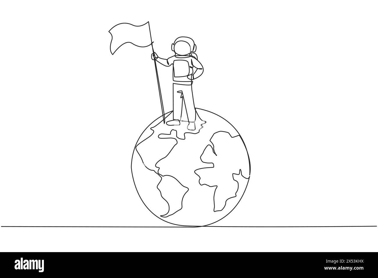 Continuous one line drawing energetic astronaut standing on giant globe ...