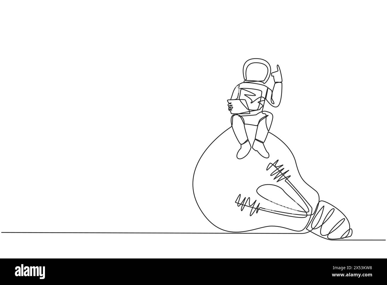 Continuous one line drawing young astronaut sitting on giant lightbulb ...
