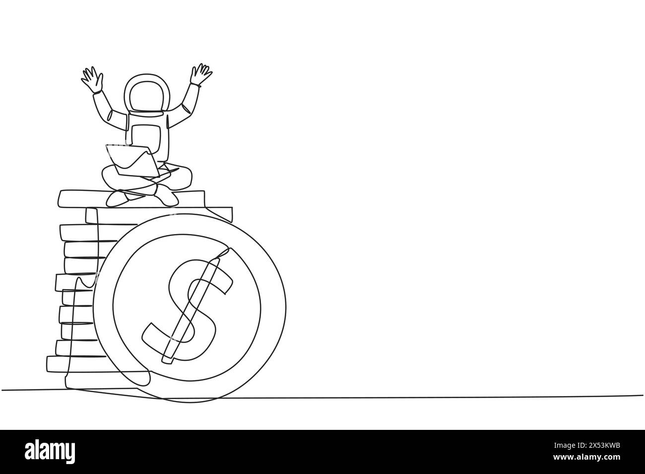Single continuous line drawing young astronaut sitting on stack of ...