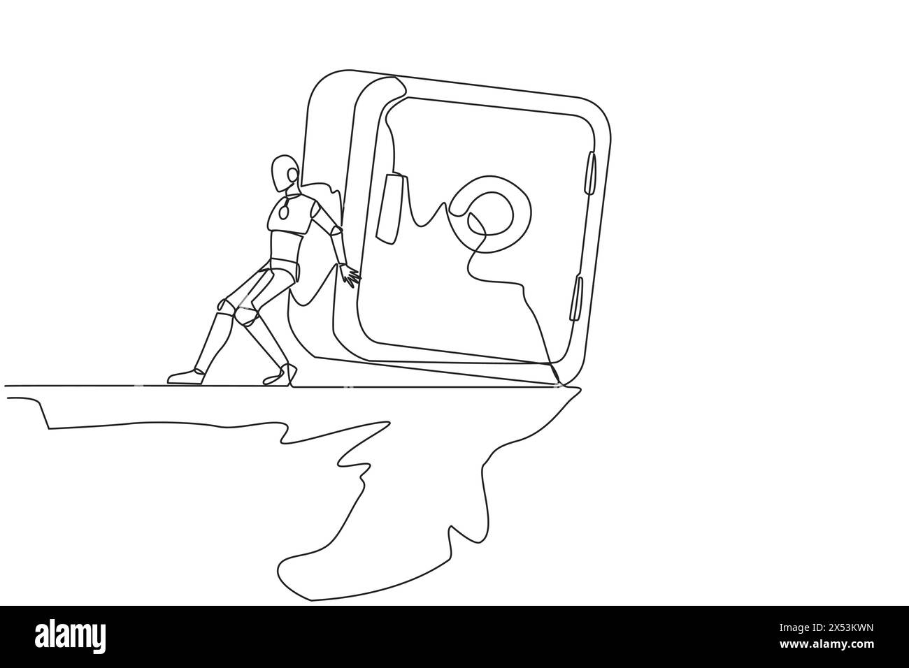 Single one line drawing The robot pushes a large safe deposit box down ...