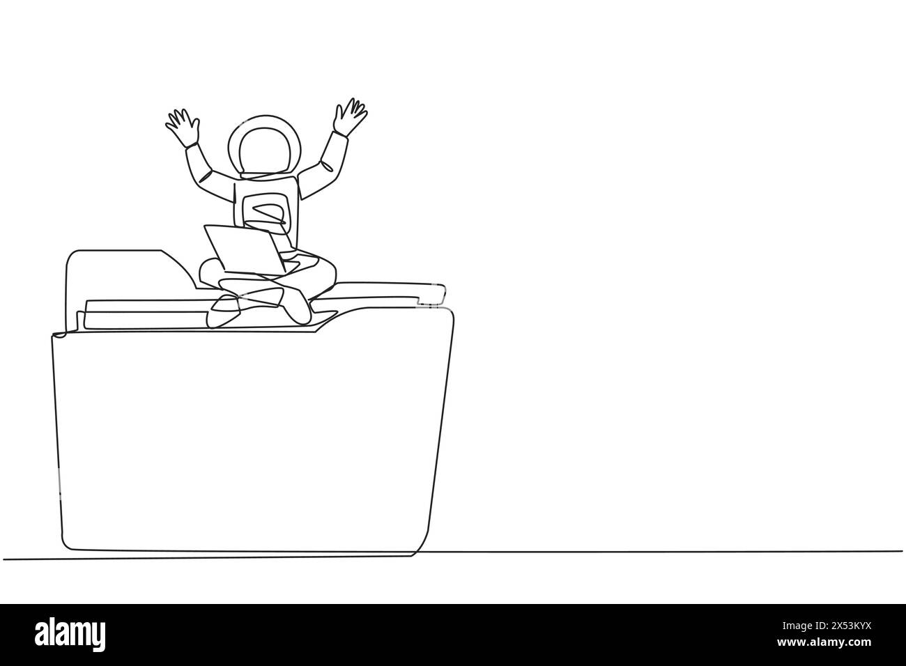 Single one line drawing young energetic astronaut sitting on giant ...