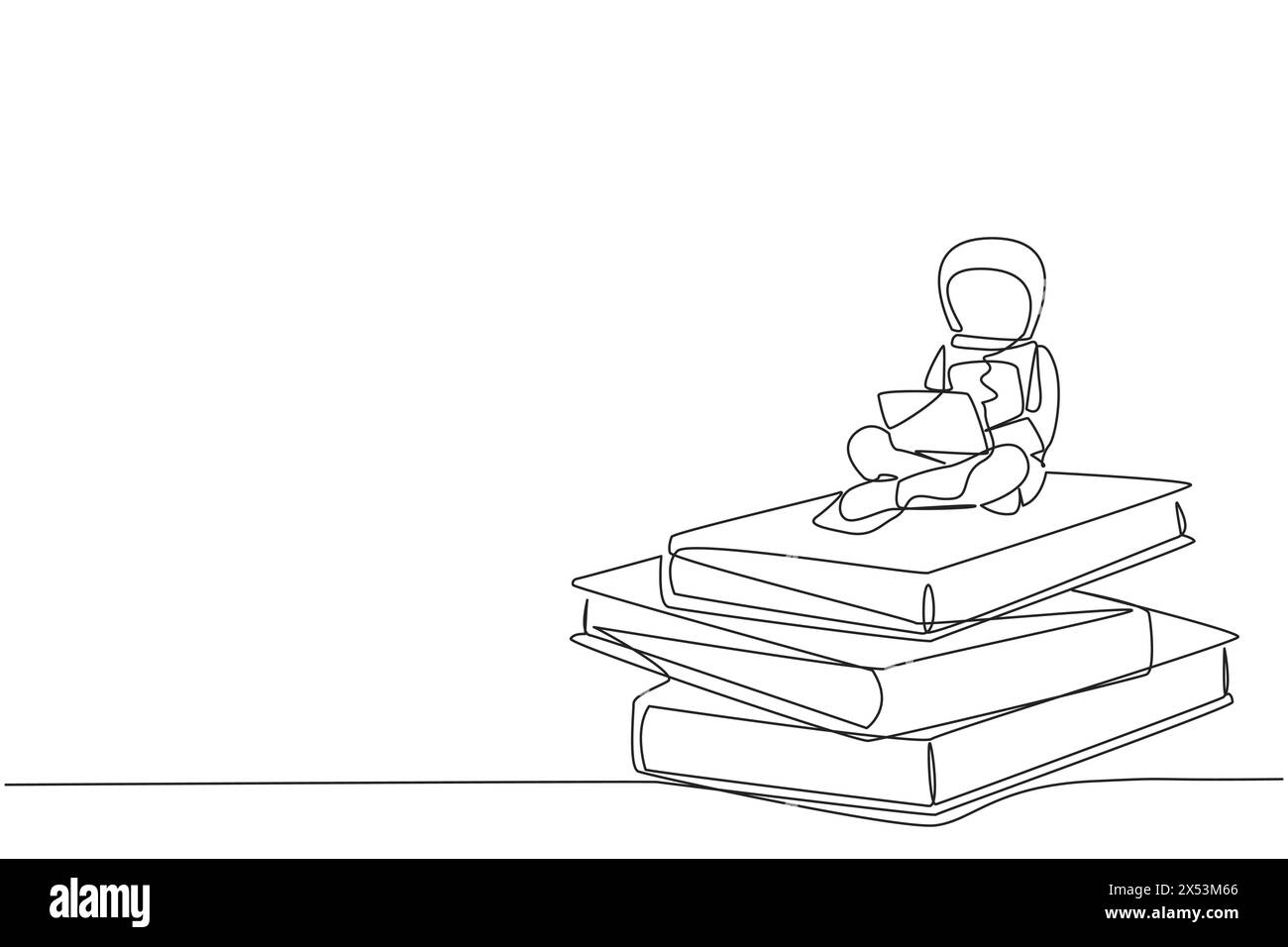 Single one line drawing young energetic astronaut sitting on stack of ...