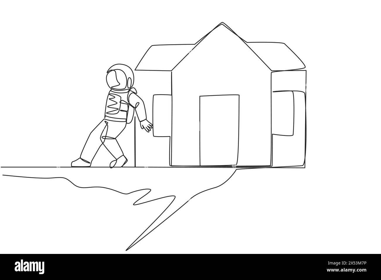 Single one line drawing astronaut pushed miniature house down with his ...